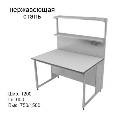 Физический пристенный лабораторный стол 1200x600x750/1500, металлические полки, розетки, NL, нержавеющая сталь