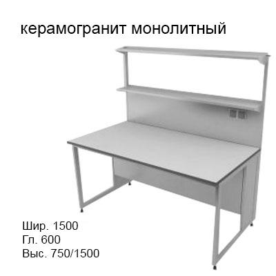 Физический пристенный лабораторный стол 1500x600x750/1500, металлические полки, розетки, NL, керамогранит монолитный