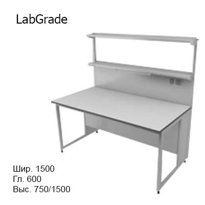 Физический пристенный лабораторный стол 1500x600x750/1500, металлические полки, розетки, светильник, NL, LabGrade