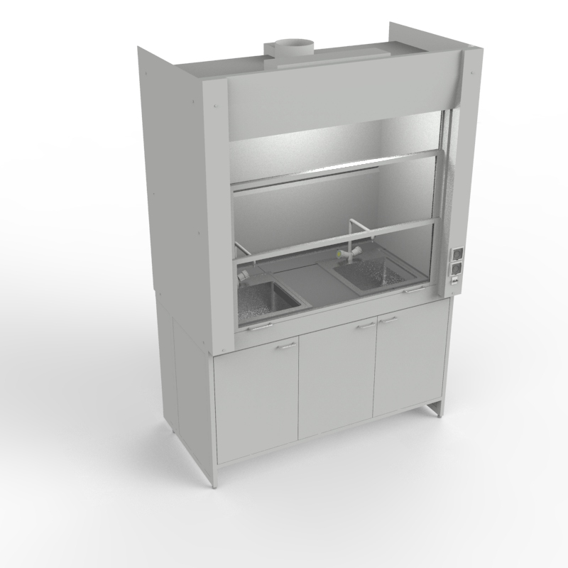 Шкаф вытяжной для мытья посуды на металл тумбе 1500x840x2280, электрика, вода (две мойки нержавейка), NL, керамогранит