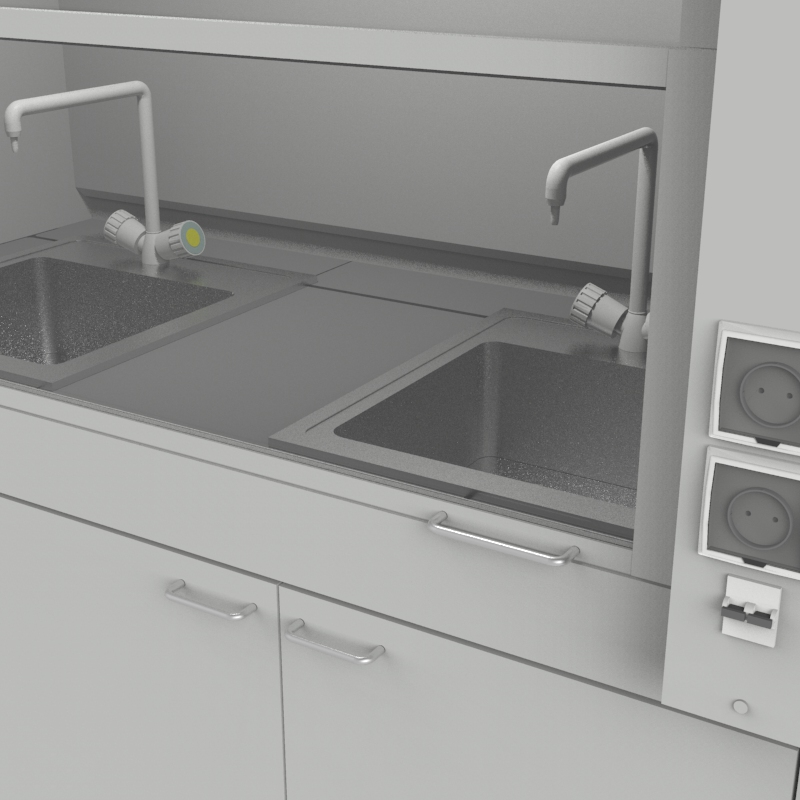 Шкаф вытяжной для мытья посуды на металл тумбе 1500x840x2280, электрика, вода (две мойки нержавейка), NL, керамогранит