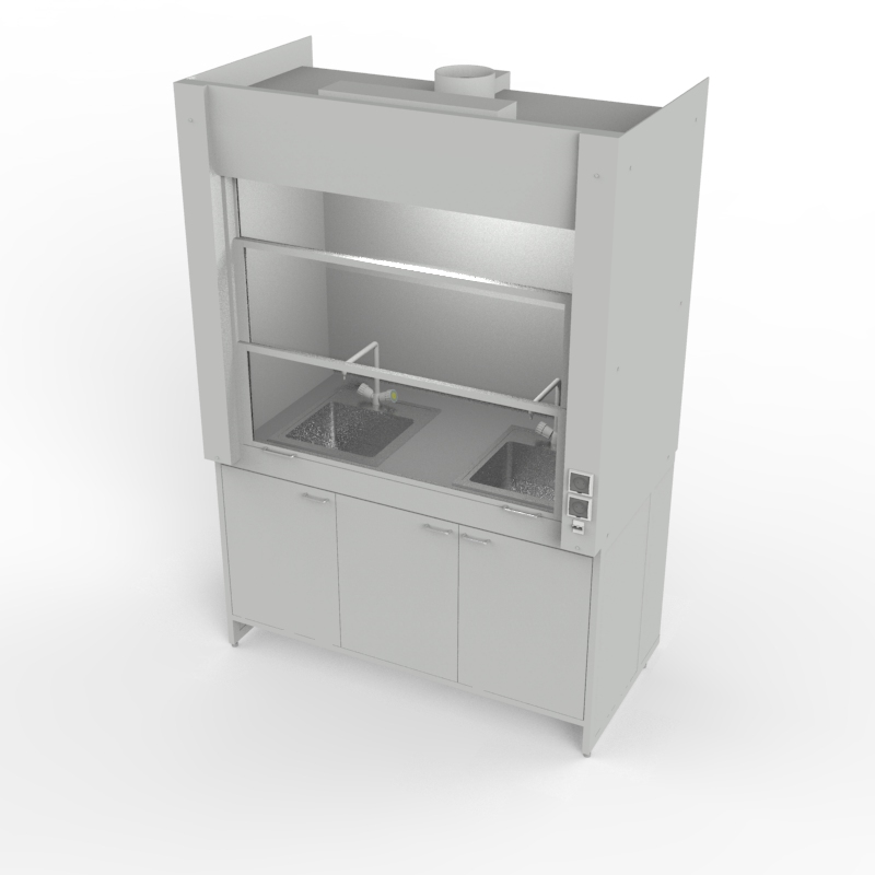 Шкаф вытяжной для мытья посуды на металл тумбе 1500x840x2280, электрика, вода (две мойки нержавейка), NL, TRESPA