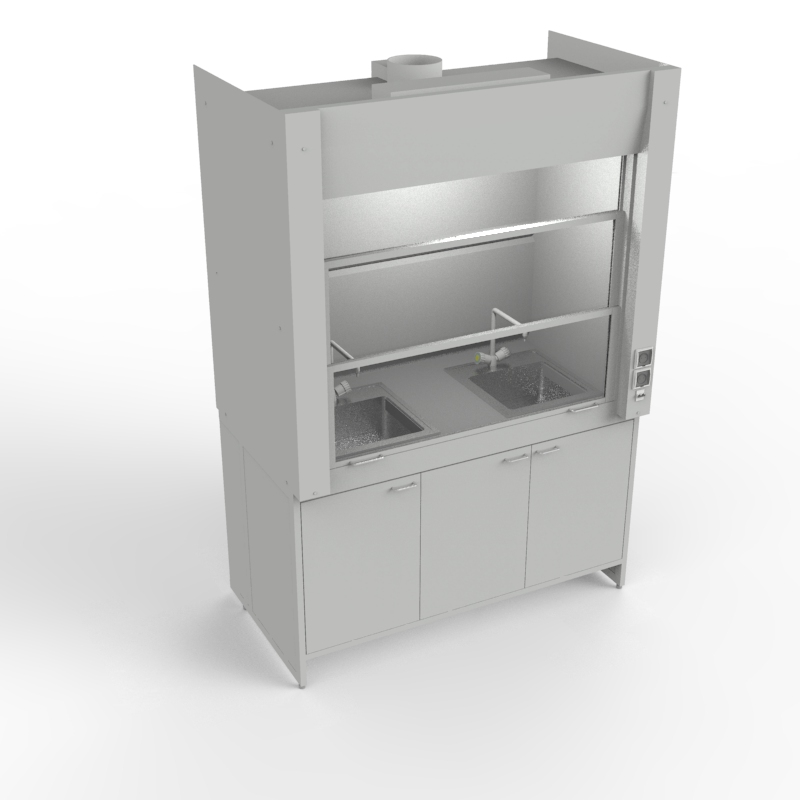 Шкаф вытяжной для мытья посуды на металл тумбе 1500x840x2280, электрика, вода (две мойки нержавейка), NL, TRESPA