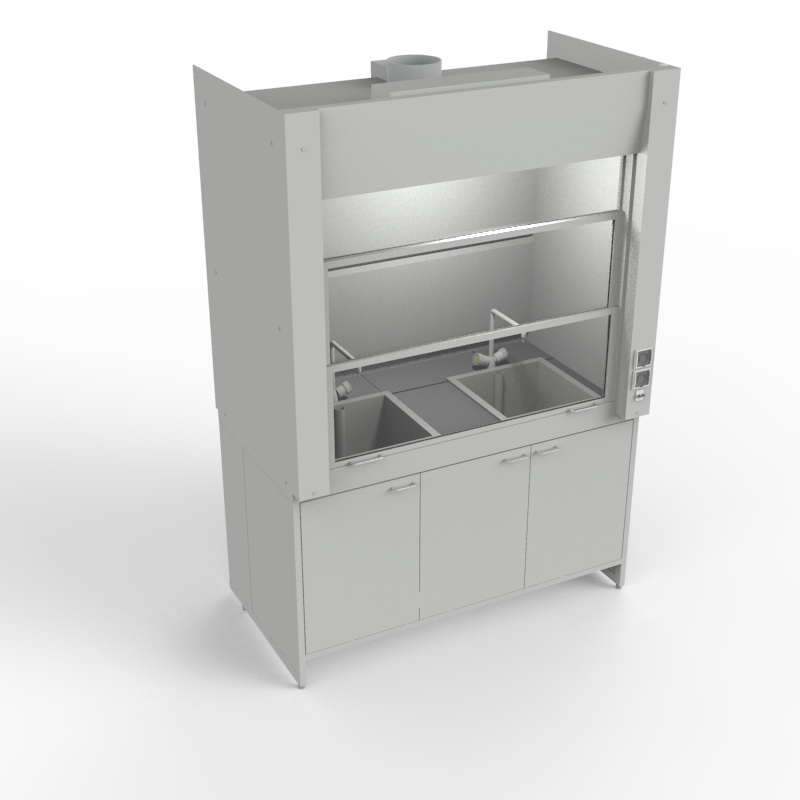 Шкаф вытяжной для мытья посуды на металл тумбе 1500x840x2280, электрика, вода (две мойки полипропилен), NL, керамогранит