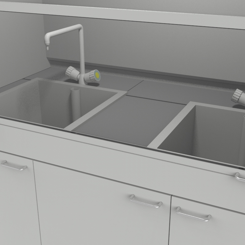 Шкаф вытяжной для мытья посуды на металл тумбе 1500x840x2280, электрика, вода (две мойки полипропилен), NL, керамогранит