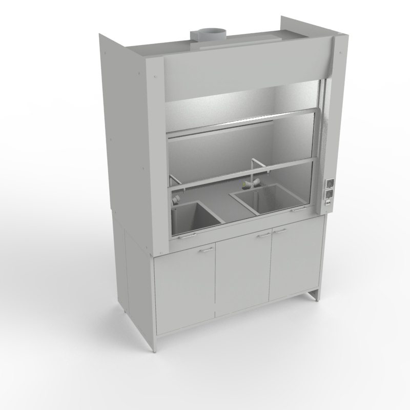 Шкаф вытяжной для мытья посуды на металл тумбе 1500x840x2280, электрика, вода (две мойки полипропилен), NL, TRESPA