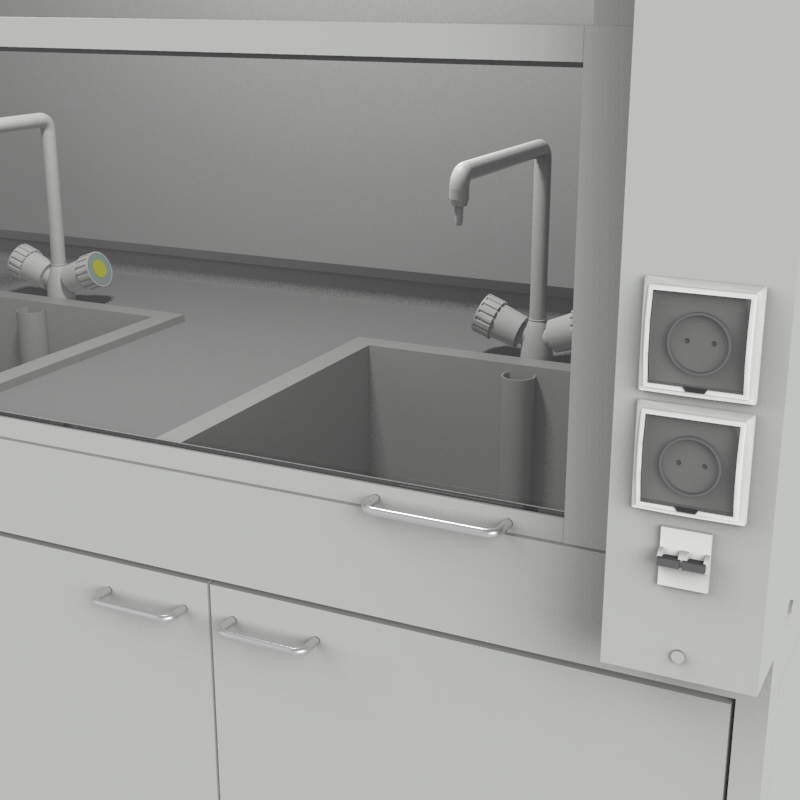 Шкаф вытяжной для мытья посуды на металл тумбе 1500x840x2280, электрика, вода (две мойки полипропилен), NL, TRESPA