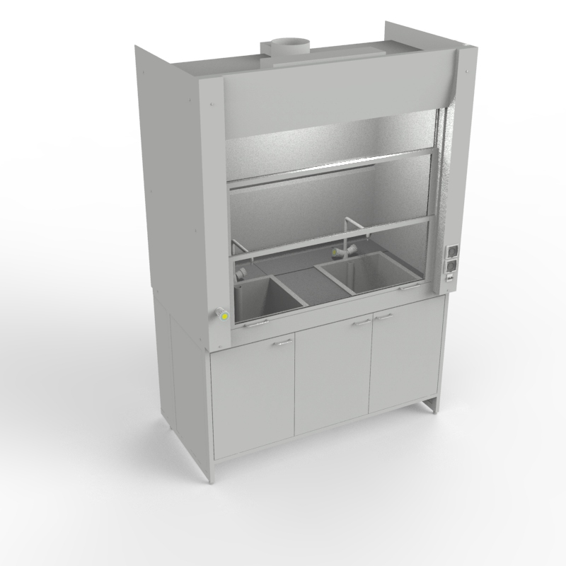 Шкаф вытяжной для мытья посуды на металл тумбе 1500x840x2280, электрика, газ, вода (две мойки полипропилен), NL, керамогранит