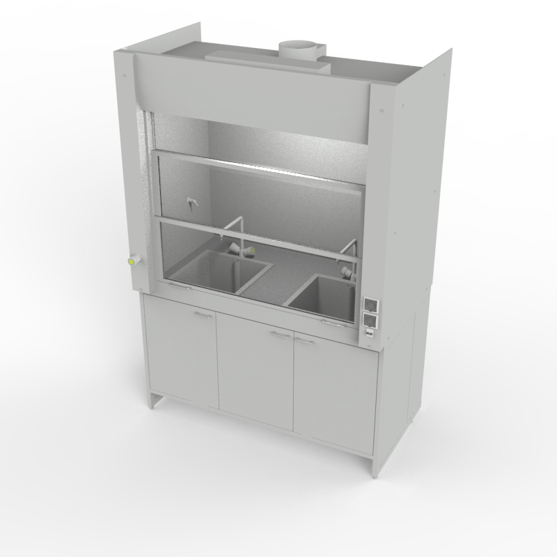 Шкаф вытяжной для мытья посуды на металл тумбе 1500x840x2280, электрика, газ, вода (две мойки полипропилен), NL, TRESPA