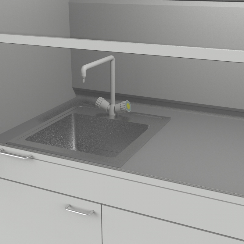Шкаф вытяжной для мытья посуды на металл тумбе 1800x840x2280, электрика, вода (мойка нержавейка), NL, TRESPA