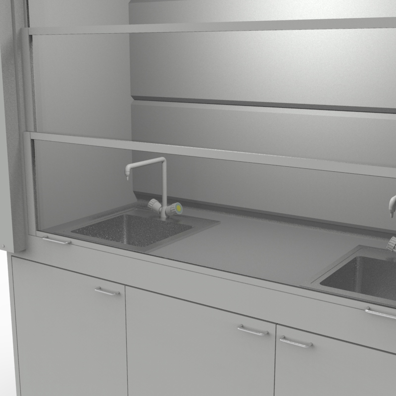 Шкаф вытяжной для мытья посуды на металл тумбе 1800x840x2280, электрика, вода (две мойки нержавейка), NL, TRESPA