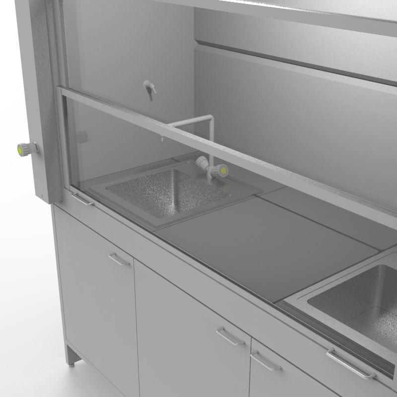 Шкаф вытяжной для мытья посуды на металл тумбе 1800x840x2280, электрика, вода (две мойки нержавейка), газ, NL, керамогранит