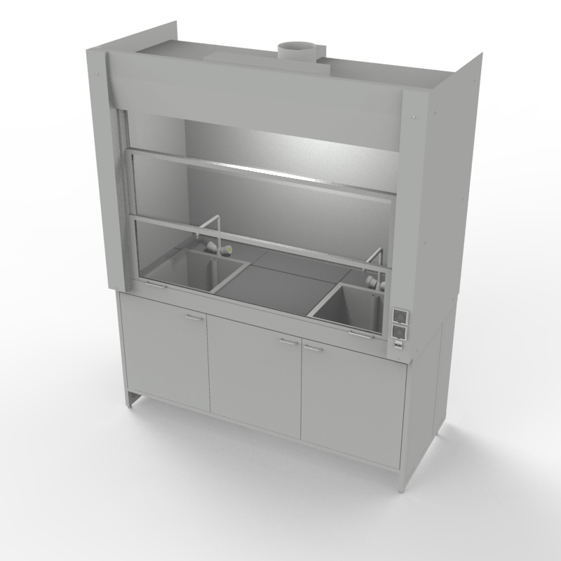 Шкаф вытяжной для мытья посуды на металл тумбе 1800x840x2280, электрика, вода (две мойки полипропилен), NL, керамогранит