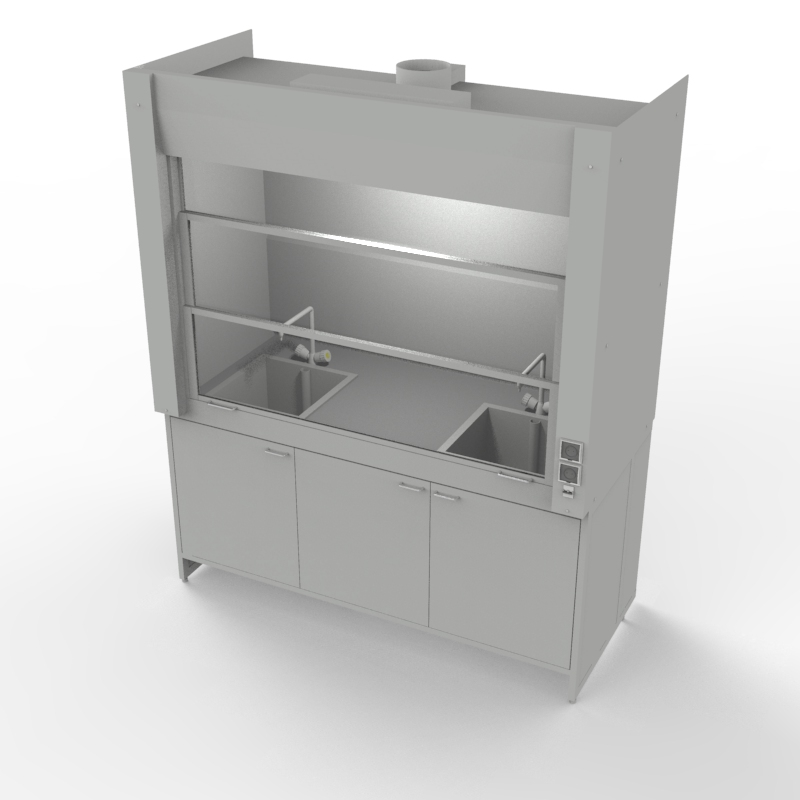 Шкаф вытяжной для мытья посуды на металл тумбе 1800x840x2280, электрика, вода (две мойки полипропилен), NL, TRESPA
