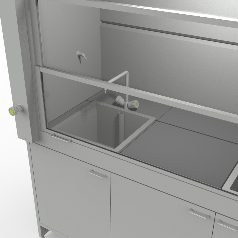 Шкаф вытяжной для мытья посуды на металл тумбе 1800x840x2280, электрика, вода (две мойки полипропилен), газ, NL, керамогранит