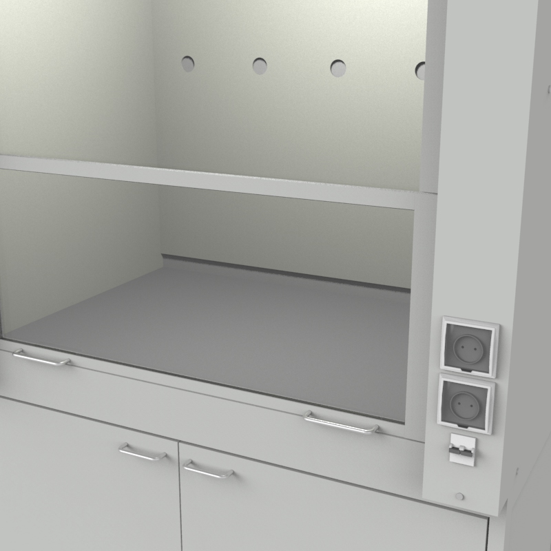 Шкаф вытяжной для работ с кислотами на металл тумбе с рабочей камерой тефлон 1200x840x2280, электрика, NL, TRESPA