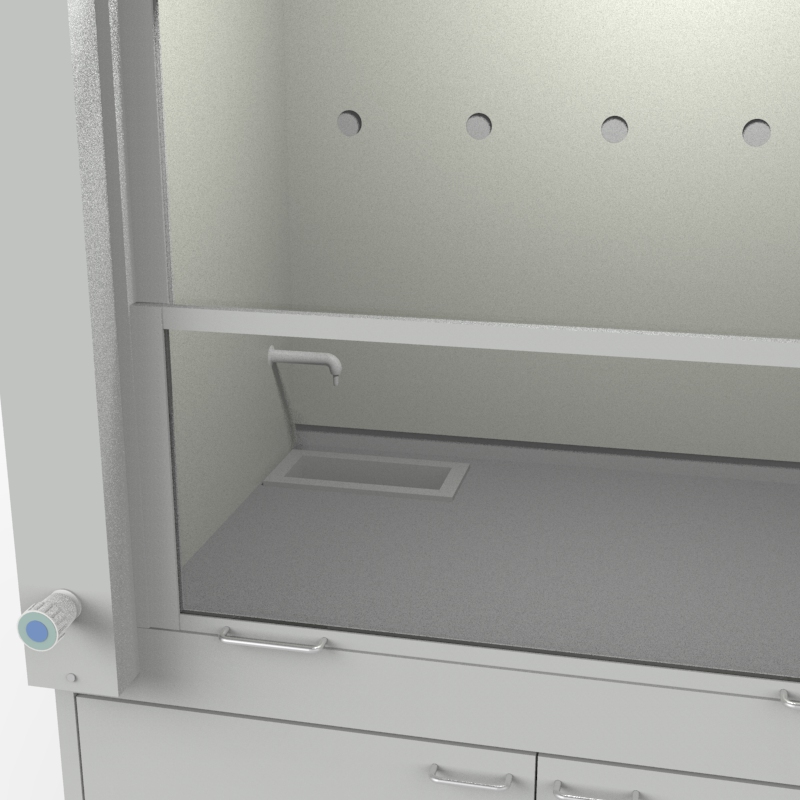 Шкаф вытяжной для работ с кислотами на металл тумбе с рабочей камерой тефлон 1000x840x2280, электрика, вода (одна сливная раковина полипропилен), NL, TRESPA