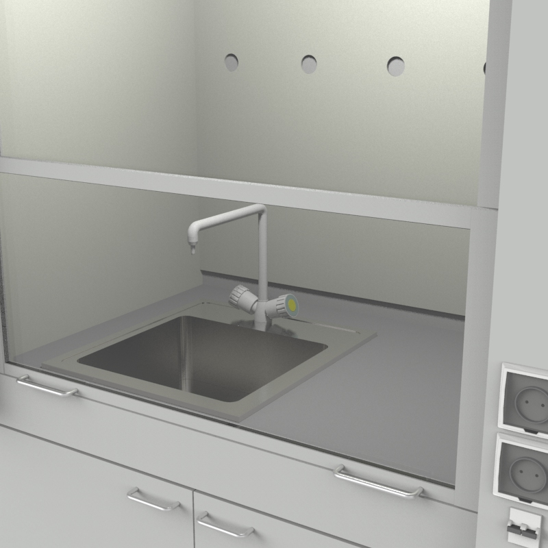 Шкаф вытяжной для мытья посуды на металл тумбе с рабочей камерой тефлон 1200x840x2280, электрика, вода (одна мойка нержавейка), NL, TRESPA