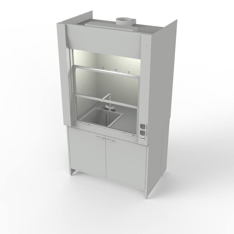 Шкаф вытяжной для мытья посуды на металл тумбе с рабочей камерой тефлон 1200x840x2280, электрика, вода (одна мойка полипропилен), NL, TRESPA