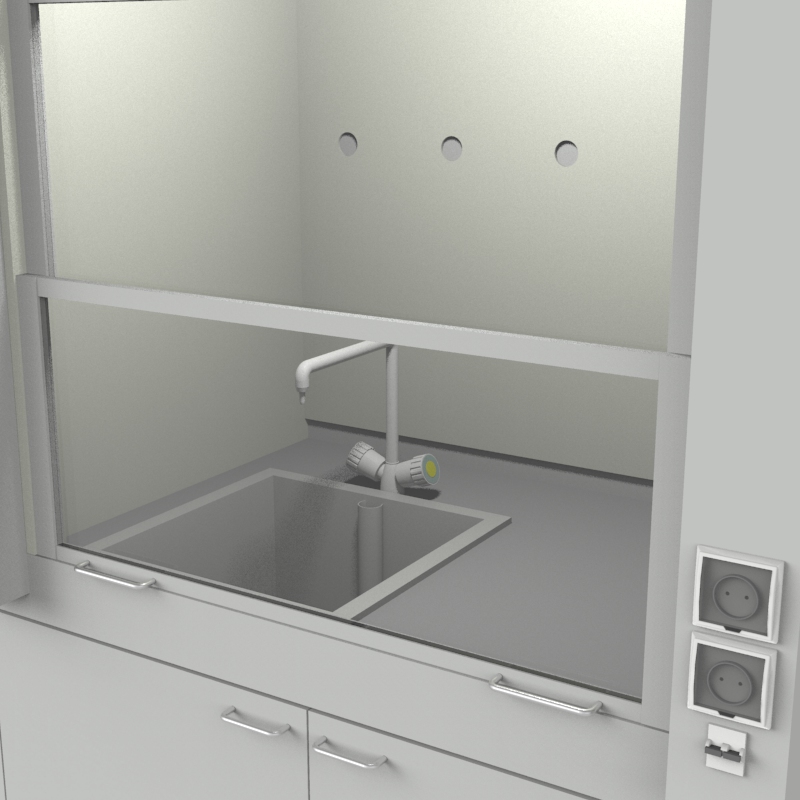 Шкаф вытяжной для мытья посуды на металл тумбе с рабочей камерой тефлон 1000x840x2280, электрика, вода (одна мойка полипропилен), NL, TRESPA