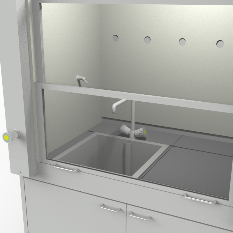 Шкаф вытяжной для мытья посуды на металл тумбе с рабочей камерой тефлон 1200x840x2280, электрика, вода (одна мойка полипропилен), газ, NL, керамогранит