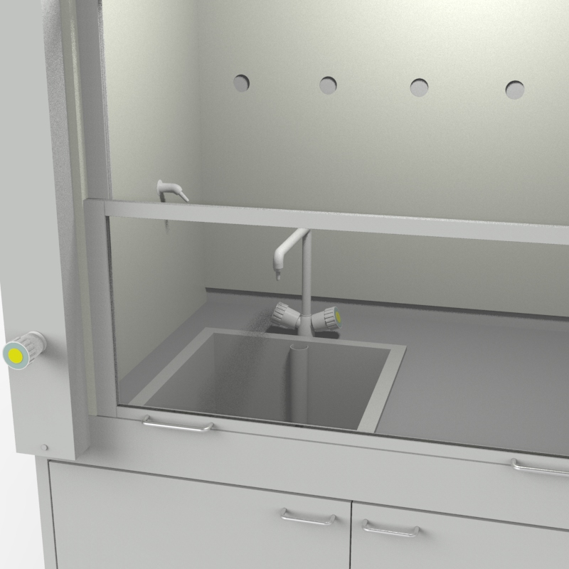Шкаф вытяжной для мытья посуды на металл тумбе с рабочей камерой тефлон 1200x840x2280, электрика, вода (одна мойка полипропилен), газ, NL, TRESPA