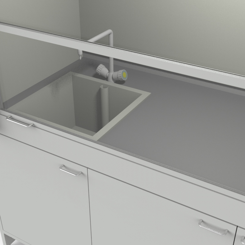 Шкаф вытяжной для мытья посуды на металл тумбе с рабочей камерой тефлон 1800x840x2280, электрика, вода (одна мойка полипропилен), NL, TRESPA