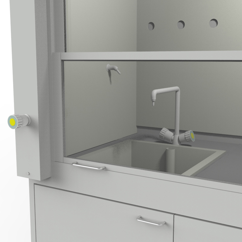 Шкаф вытяжной для мытья посуды на металл тумбе с рабочей камерой тефлон 1800x840x2280, электрика, вода (одна мойка полипропилен), газ, NL, TRESPA