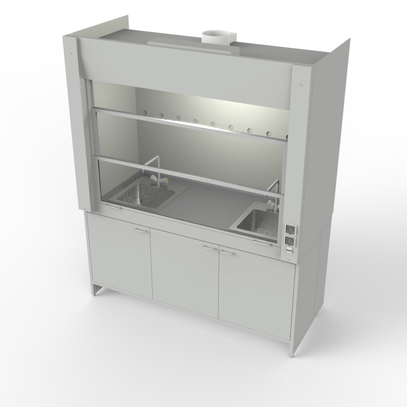 Шкаф вытяжной для мытья посуды на металл тумбе с рабочей камерой тефлон 1800x840x2280, электрика, вода (две мойки нержавейка), NL, TRESPA