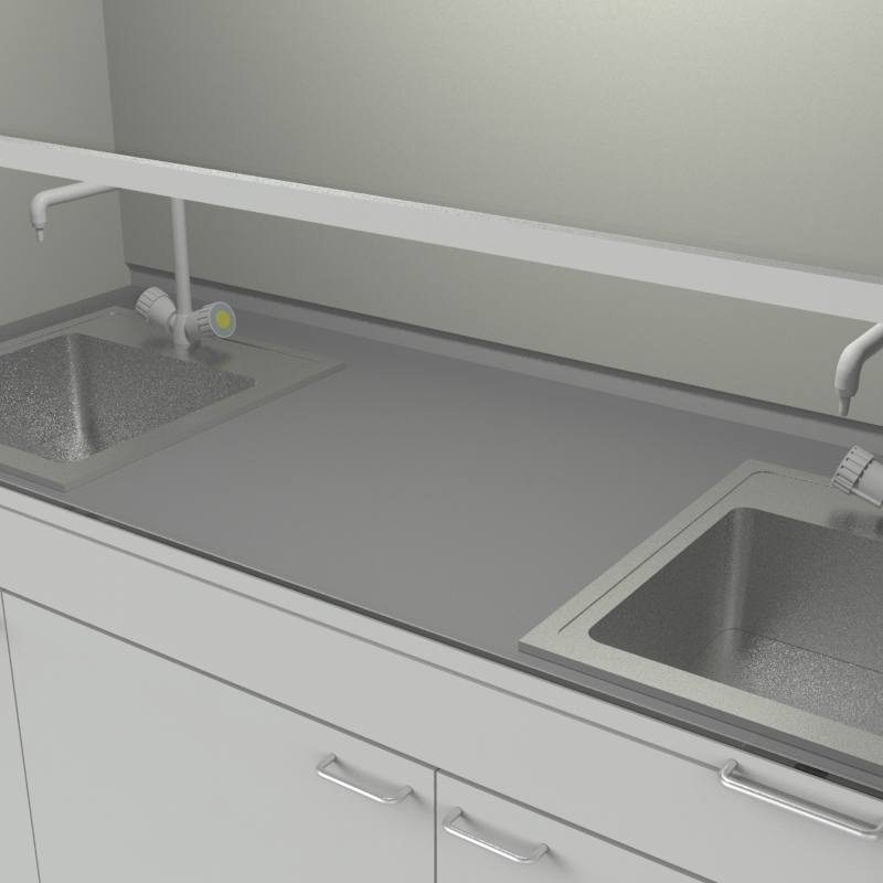 Шкаф вытяжной для мытья посуды на металл тумбе с рабочей камерой тефлон 1800x840x2280, электрика, вода (две мойки нержавейка), NL, TRESPA
