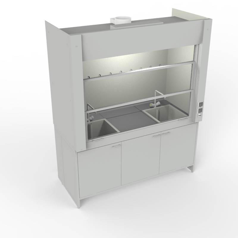 Шкаф вытяжной для мытья посуды на металл тумбе с рабочей камерой тефлон 1800x840x2280, электрика, вода (две мойки полипропилен), NL, керамогранит