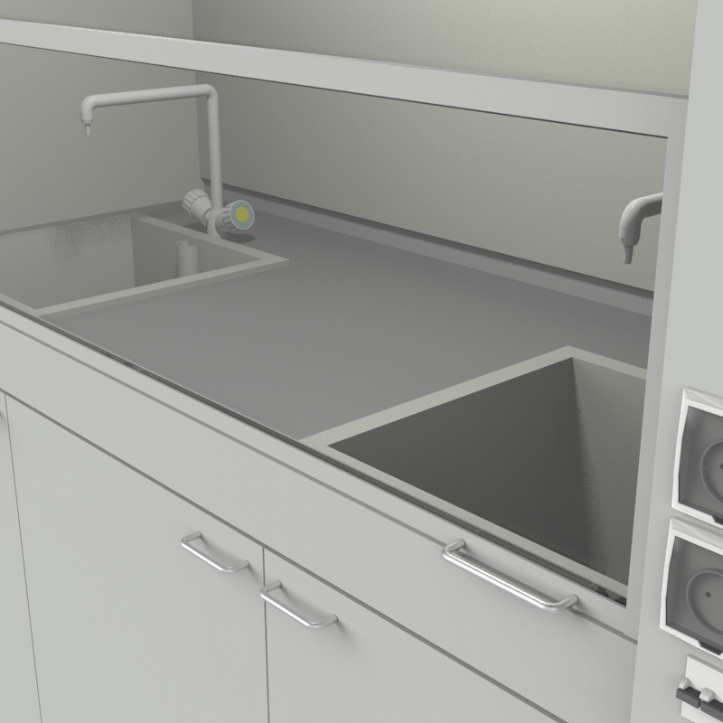 Шкаф вытяжной для мытья посуды на металл тумбе с рабочей камерой тефлон 1800x840x2280, электрика, вода (две мойки полипропилен), NL, TRESPA