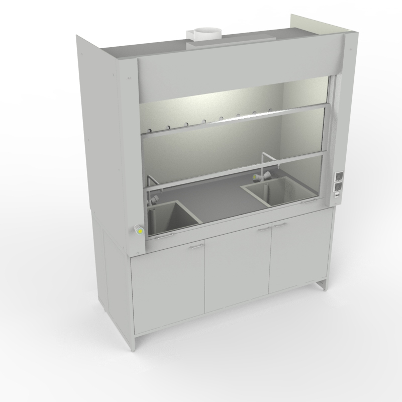 Шкаф вытяжной для мытья посуды на металл тумбе с рабочей камерой тефлон 1800x840x2280, электрика, вода (две мойки полипропилен), газ, NL, TRESPA