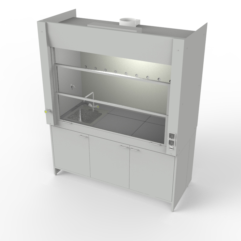 Шкаф вытяжной для мытья посуды на металл тумбе с рабочей камерой тефлон 1500x840x2280, электрика, вода (одна мойка нержавейка), NL, керамогранит