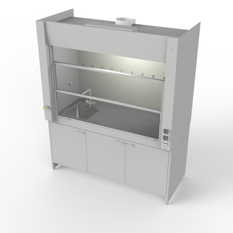 Шкаф вытяжной для мытья посуды на металл тумбе с рабочей камерой тефлон 1500x840x2280, электрика, вода (одна мойка нержавейка), NL, TRESPA