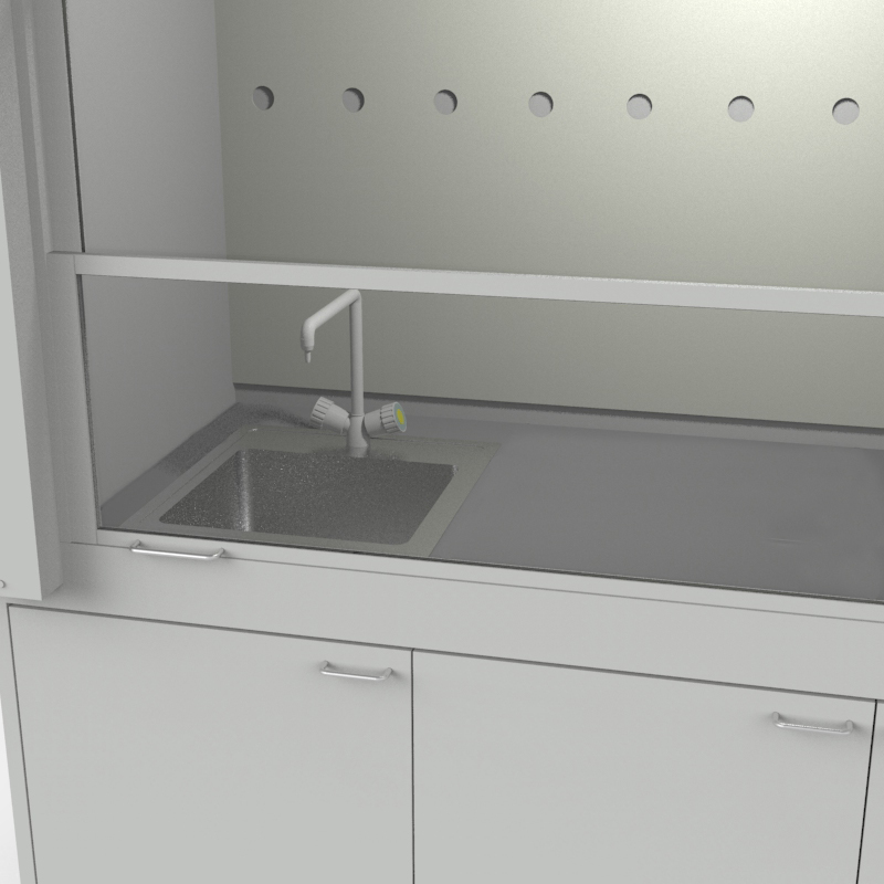 Шкаф вытяжной для мытья посуды на металл тумбе с рабочей камерой тефлон 1500x840x2280, электрика, вода (одна мойка нержавейка), NL, TRESPA