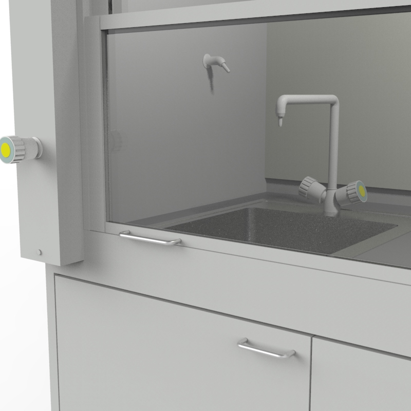 Шкаф вытяжной для мытья посуды на металл тумбе с рабочей камерой тефлон 1500x840x2280, электрика, вода (одна мойка нержавейка), газ, NL, TRESPA