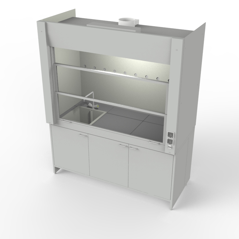 Шкаф вытяжной для мытья посуды на металл тумбе с рабочей камерой тефлон 1500x840x2280, электрика, вода (одна мойка полипропилен), NL, керамогранит
