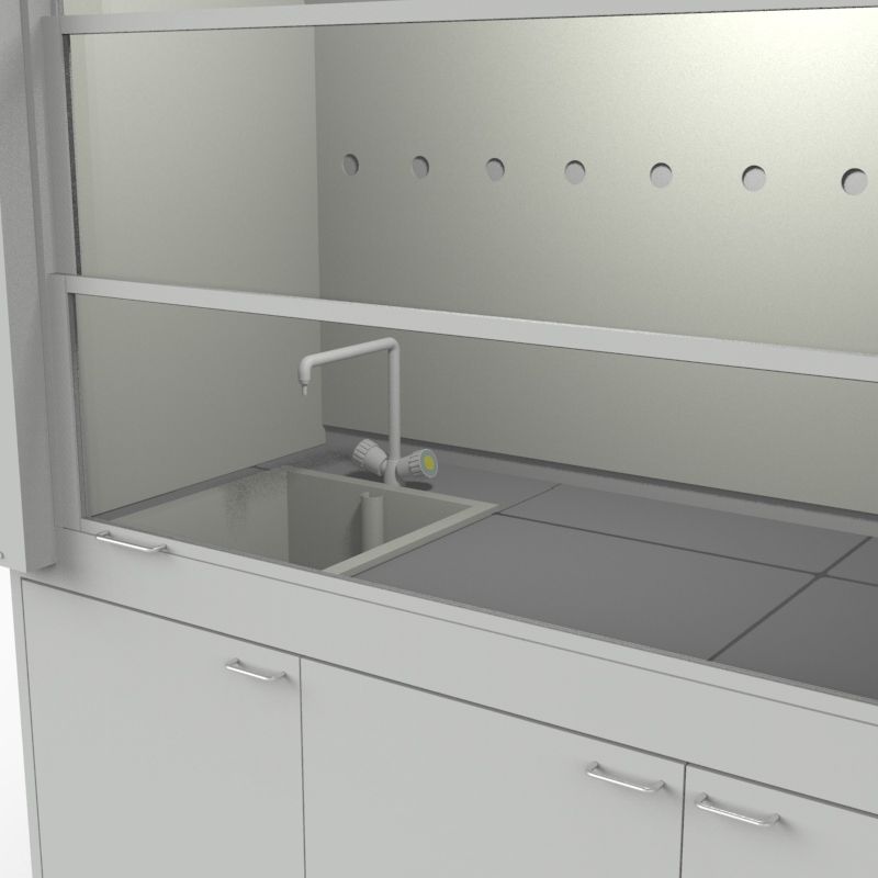 Шкаф вытяжной для мытья посуды на металл тумбе с рабочей камерой тефлон 1500x840x2280, электрика, вода (одна мойка полипропилен), NL, керамогранит
