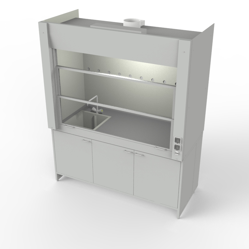 Шкаф вытяжной для мытья посуды на металл тумбе с рабочей камерой тефлон 1500x840x2280, электрика, вода (одна мойка полипропилен), NL, TRESPA