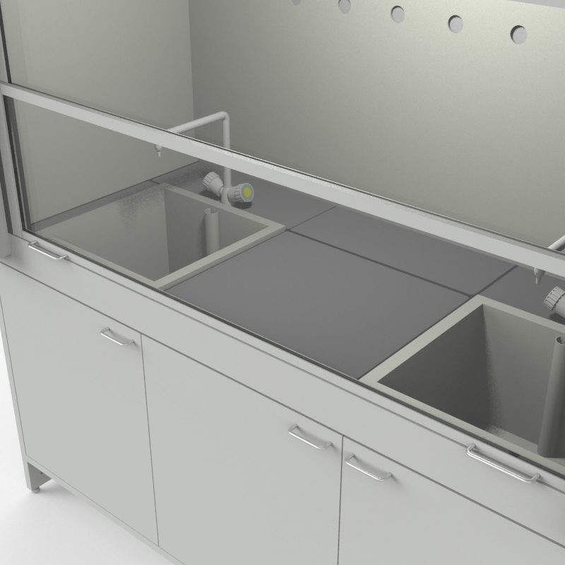 Шкаф вытяжной для мытья посуды на металл тумбе с рабочей камерой тефлон 1500x840x2280, электрика, вода (две мойки полипропилен), NL, керамогранит