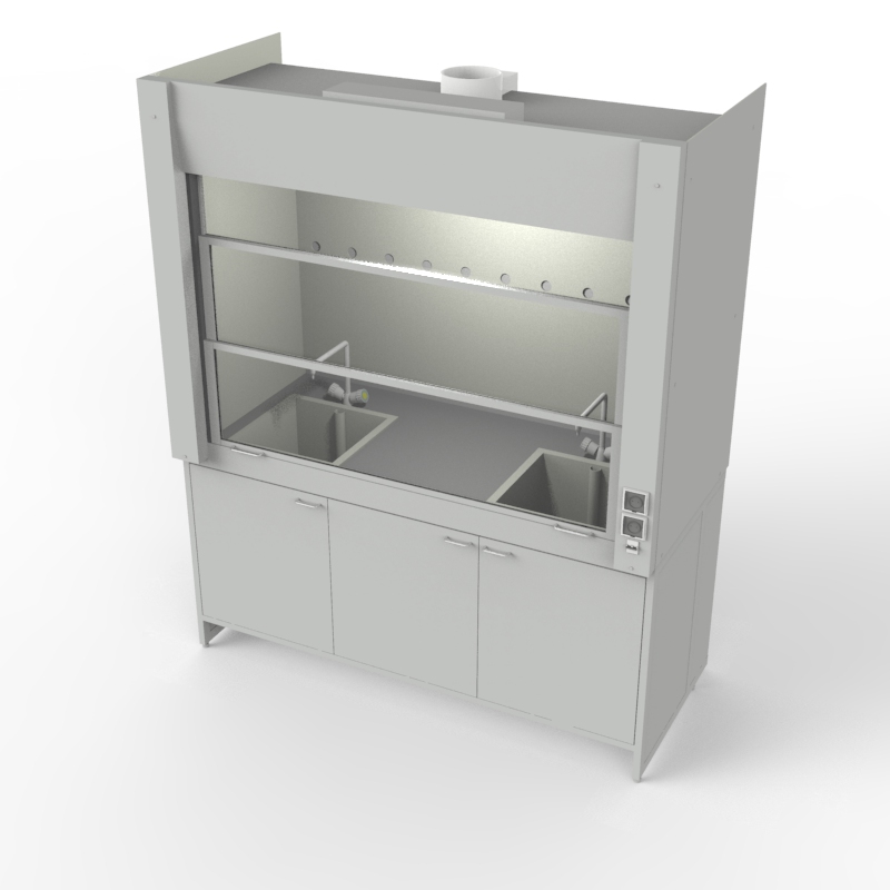 Шкаф вытяжной для мытья посуды на металл тумбе с рабочей камерой тефлон 1500x840x2280, электрика, вода (две мойки полипропилен), NL, TRESPA