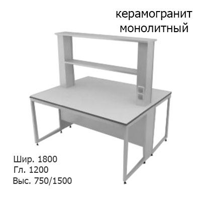 Физический островной лабораторный стол 1800x1200x750/1500, металлическая полка, розетки, NL, керамогранит монолитный