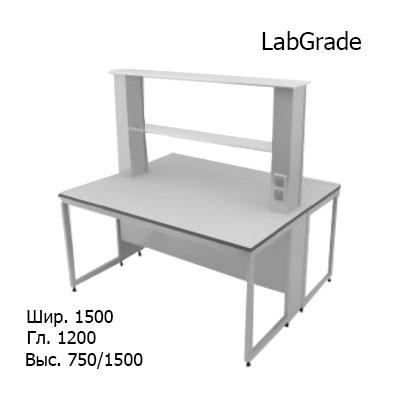 Физический островной лабораторный стол 1500x1200x750/1500, стеклянные полки, розетки, NL, LabGrade