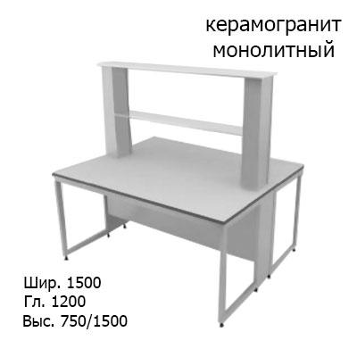 Физический островной лабораторный стол 1500x1200x750/1500, стеклянные полки, NL, керамогранит монолитный