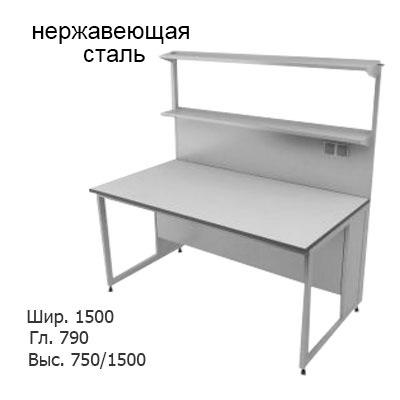 Физический пристенный лабораторный стол 1500x790x750/1500, металлические полки, розетки, NL, нержавеющая сталь