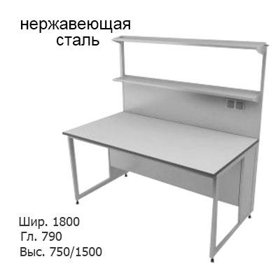 Физический пристенный лабораторный стол 1800x790x750/1500, металлические полки, розетки, NL, нержавеющая сталь