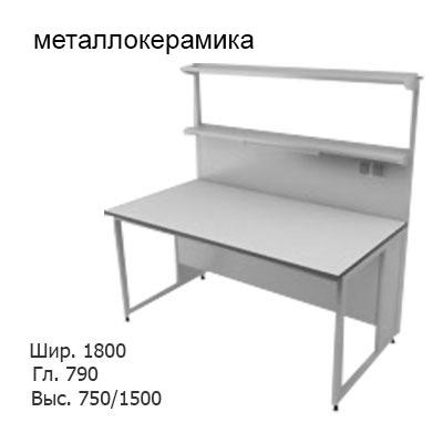 Физический пристенный лабораторный стол 1800x790x750/1500, металлические полки, розетки, светильник, NL, металлокерамика