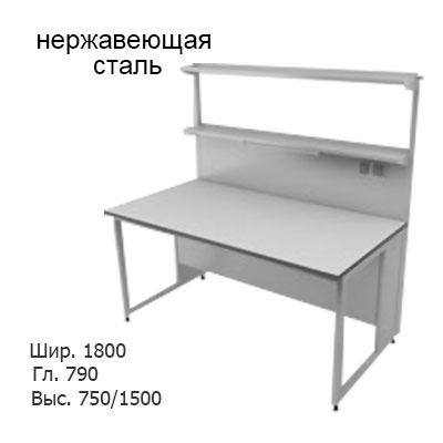 Физический пристенный лабораторный стол 1800x790x750/1500, металлические полки, розетки, светильник, NL, нержавеющая сталь