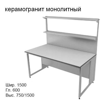 Физический пристенный лабораторный стол 1500x600x750/1500, металлические полки, NL, керамогранит монолитный